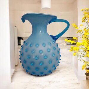 Vintage Empoli Blue Opaline Hobnail Art Glass Pitcher Vase • Italian Mid Century